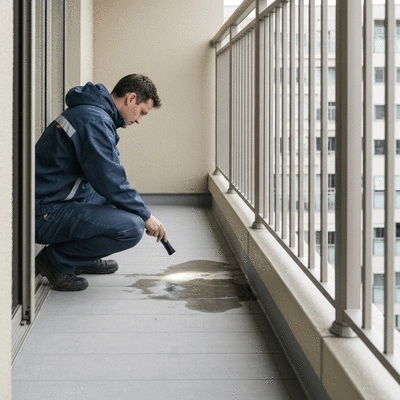 User inspecting balcony for leaks