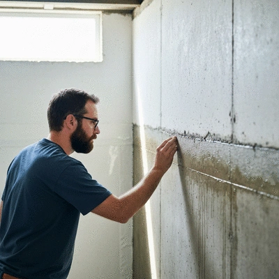 User inspecting waterproofing in a basement