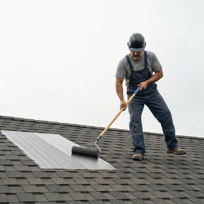 User applying waterproofing treatment on a roof