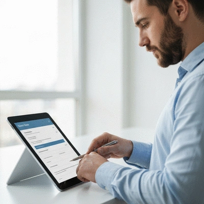 User submitting online form on tablet