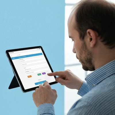 User submitting online form on tablet