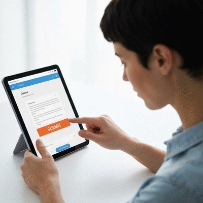 User submitting online form on tablet