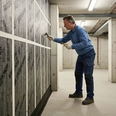 Expert inspecting waterproofing in a basement